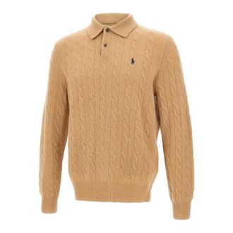 Polo Ralph Lauren Round-neck Knitwear, male, Beige, Size: XL Cable Knit Wool and Cashmere Polo Sweater