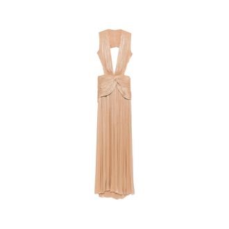 Costarellos Gowns, female, Beige, Size: XS Lurex Georgette Cut-Out Pleated Maxi Dress