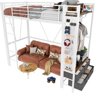 STILVORA Cama Alta Individual Con 4 Cajones, Usb, Type-c, Led, Estantes Y Barra 90&times;200 Cm, Sin Colch&oacute;n, Blanca