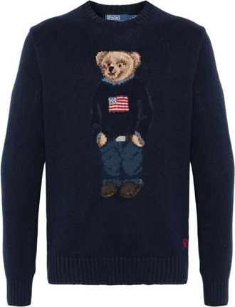 Polo Ralph Lauren Round-neck Knitwear, male, Blue, Size: XL Flagbear Long Sleeve Sweater