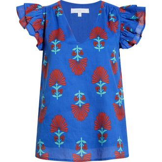 Sugarlips Lucinda Floral Seni Ruffle Sleeve Top in Blue-Red at Nordstrom, Size X-Small