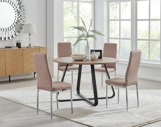 Furniturebox Santorini Brown Wood Contemporary Round Dining Table & 4 Milan Chairs Set in Beige