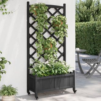 Berkfield Home Planter with Trellis & Wheels Black Solid Wood Fir