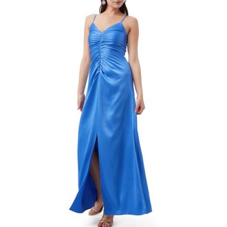Trina Turk Tulipe Ruched Satin Maxi Dress in Beach Ball Blue at Nordstrom, Size 12