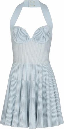 Balmain A-lijn jurk met halternek van getextureerd breisel - Dames - Korte kleedjes - Blauw - 2XS - Polyester - Kleedjes