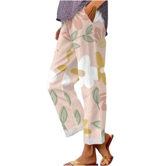 Generic Womens Casual Cotton Linen Capri Pants Straight Leg Elastic Waist Tropical Floral Print Cropped Trousers with Pockets Summer Trendy Beach Palazzo Pant