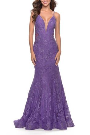 La Femme Long Mermaid Lace Dress with Back Rhinestone Detail in Purple at Nordstrom, Size 12
