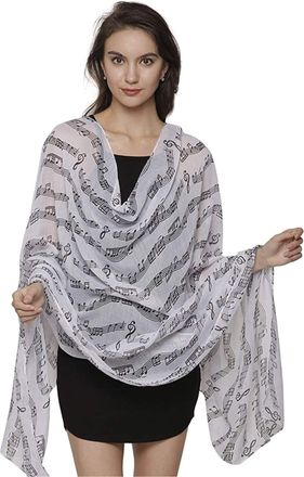 World of Shawls Music Print, Musical Note Printed Scarves, Large Size Fashion Scarf Wrap Sarong Shawl Fantastic Gift (White)