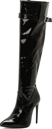 Generic Womens Pointed Toe Stiletto Ultra High Heel Over The Knee Boots with Buckle Strap Zipper Pull On Winter Nightclub Dance Shoes (Black,7.5)