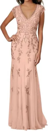 Adrianna Papell Floral Beaded Dress In Rose Gold