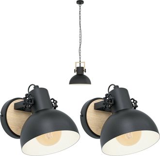 Loops Ceiling Pendant Light & 2x Matching Wall Lights Black & Wood Industrial Shade