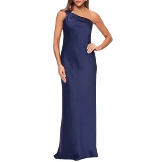 Xscape Evenings One-Shoulder Satin Gown In Navy