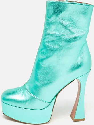 Amina Muaddi Metallic Green Leather Platform Ankle Boots