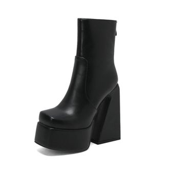 Generic Womens Square Toe Chunky Platform Elastic Ankle Boots with Thick Sole & High Heel for Autumn Winter,Black Matte,7.5 UK