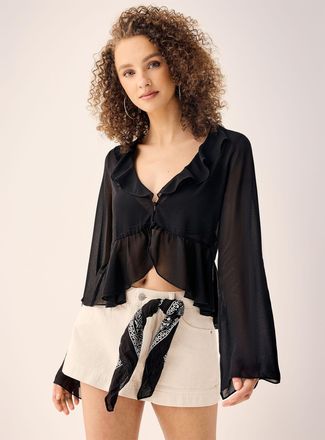 Twik Womens Ruffles sheer chiffon blouse