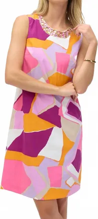 Joseph Ribkoff Geometric Print Embellished Trapeze Dress In Vanilla/multi