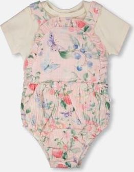Deux par Deux Organic Cotton Jersey Bodysuit and Printed Berries Muslin Overall Set in White & Pink Printed Berries at Nordstrom, Size 18M