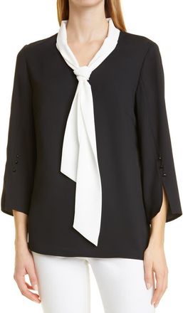 Misook Contrast Tie V-Neck Crepe de Chine Blouse in Black/white at Nordstrom, Size X-Small