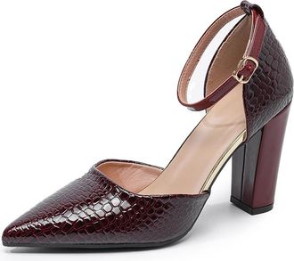 Generic Womens Closed Pointed Toe Block High Heel Pumps with Buckle Ankle Strap Fashion Formal Party Prom Work Shoes (Wine Red,5.5)