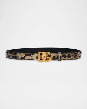 Dolce & Gabbana Leopard-Print Glossy Leather Belt with DG Logo