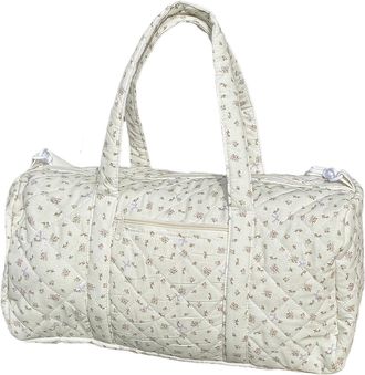 Generic Cotton Quilted Travel Bag with Zipper Overnight Bag Floral Print Tote Bag for Women Weekend Travel Shopping (White)