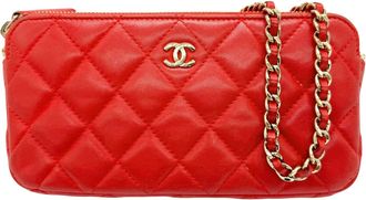 Chanel Red Color Leather Chain/Shoulder Wallet (Pre-Owned)