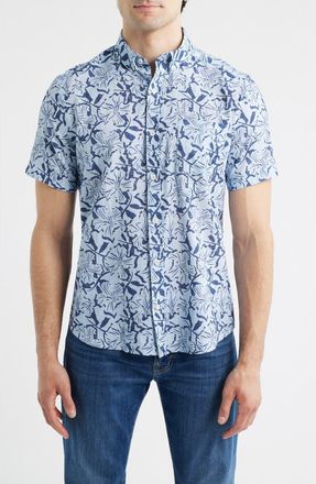 Johnston & Murphy Hampton Stretch Cotton Short Sleeve Button-Up Shirt in Blue Hibiscus at Nordstrom, Size Xxx-Large
