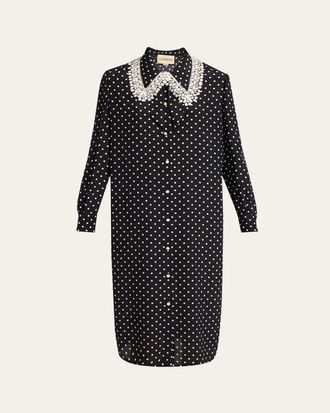 Valentino Garavani Polka-Dot Silk Lace-Collar Midi Shirtdress