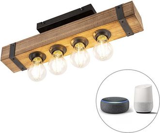 QAZQA Qazqa - Smart Industrial Ceiling Light Wood with Steel Incl. 4 A60 Wifi - Reena