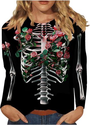 Generic Halloween Long Sleeve Top Women UK Sale Clearance Skull Skeleton Shirt Round Neck Adult Halloween Costumes Cute Funny Graphic Tshirts Slouchy Shirts H