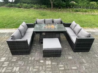 Fimous Rattan Garden Furniture Sofa Set Outdoor Patio Gas Fire Pit Dining Table Gas Heater Burner 10 Seater in Dark Grey