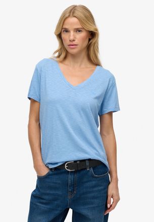 Superdry T-Shirt SUPERDRY STUDIOS SLUB EMB VEE TEE, Damen, Gr. XXL, blaubell, Single Jersey, Obermaterial: 60% Baumwolle, 40% Lyocell, unifarben, regular fit n