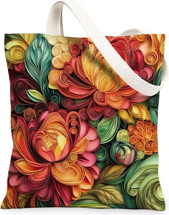 Generic Spring Quilting Paper Peony Flower Canvas Tote Bag for Shopping 13x15, Floral Wildflower Reusable Grocery Print Pattern Bag for Women, Garden Beach Ae