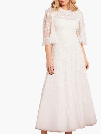 Needle & Thread Scatter Blossom Round Neck Ankle Gown in Swan White at Nordstrom, Size 14