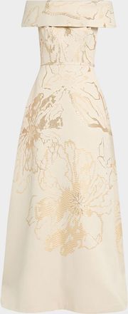 Teri Jon Off-Shoulder Metallic Floral Jacquard Gown