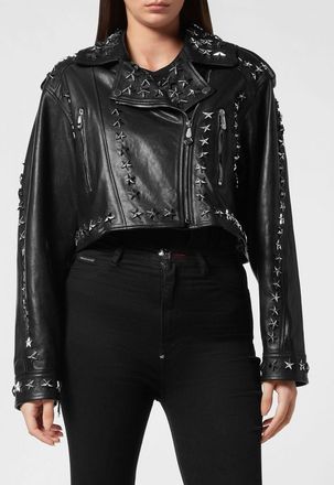 Philipp Plein Giacca biker cropped in pelle con borchie e stelle