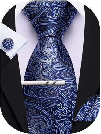 Barry.Wang Blue Grey Tie with Tie Clip for Men Paisley Silk Necktie Pocket Square Cufflinks Set Formal Wedding Party Business