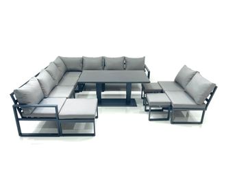 Fimous 12 Seater Outdoor Aluminum Garden Furniture Set Corner Sofa 3 Footstools Rising Lifting Dining Table Sets Dark Grey