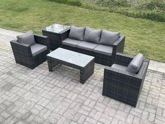Fimous Lounge Rattan Sofa Set Outdoor Garden Furniture Oblong Rectangular Coffee Table in Dark Grey