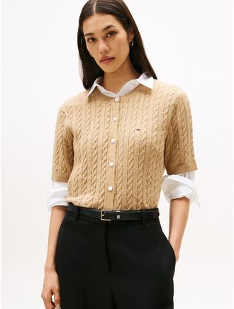 Tommy Hilfiger Womens Short-Sleeve Cable Knit Cardigan - Beige - XXS