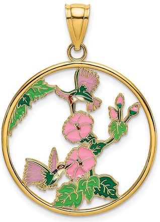 Diamond2Deal 14k Yellow Gold Enamel Hummingbirds Flowers In Circle Charm