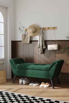 Living and Home Green Linen Upholstered Bench with Wooden Legs