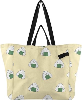 Generic Riceball Yellow print Reusable Canvas Tote Bag, Heavy Duty Grocery Shopping Bag with Double Handles Hard Bottom Large Capacity Work Groceries Travel