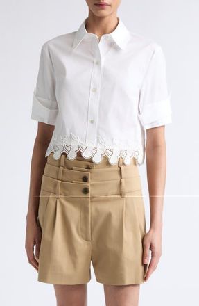Monse Cherry Lace Crop Stretch Cotton Button-Up Shirt in White at Nordstrom, Size 10