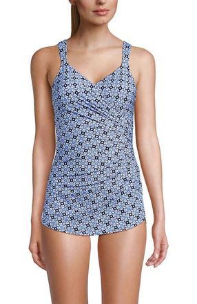 Lands End SlenderSuit V-Neck Skirted Low Leg One Piece in Lake Blue Geo Floral at Nordstrom, Size 8 Tall
