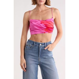 Good American Satin Draped Crop Top in Pink Hibiscus002 at Nordstrom Rack, Size X-Large