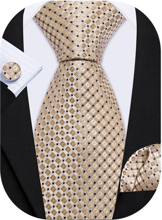 Barry.Wang Mens Champagne Tie Silk Tartan Stripe Necktie Handkerchief Cufflinks Set Formal Wedding