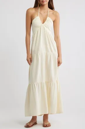 PacSun Kenna Tiered Halter Midi Dress in Vanilla at Nordstrom, Size X-Large