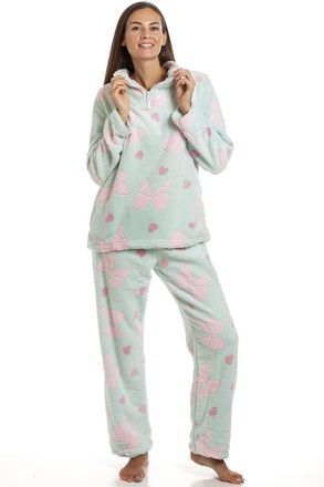 Camille Womens Supersoft Heart & Bow Embossed Pyjama Set 10-12 Green