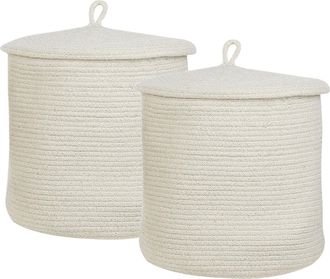 Beliani Beliani - Conjunto De 2 Cestas De Algod&oacute;n Blanco Crema 32 Cm A Rayas Tapa Accesorio Silopi